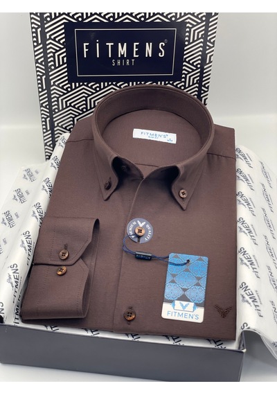 Slim Fit Uzun Kol Pamuklu Hediye Kutulu Kolay Ütülenebilir Erkek Gömlek Fs-002225 - Koyu Kahve-3379