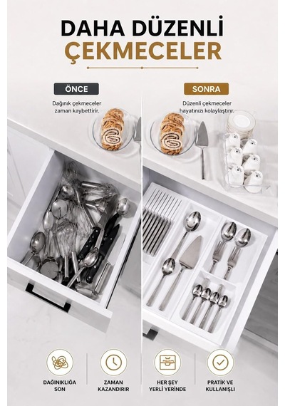 Çekmece İçi Bıçaklık Organizer Bölmeli Mutfak Düzenleyici Beyaz S-11029 Çok Renkli