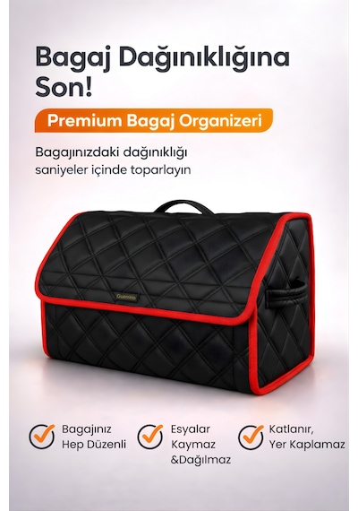 Bagaj Çantası Oto Bagaj Organizer Çift Kat Deri Su Geçirmez Kaymaz Katlanır - Siyah Kırmızı