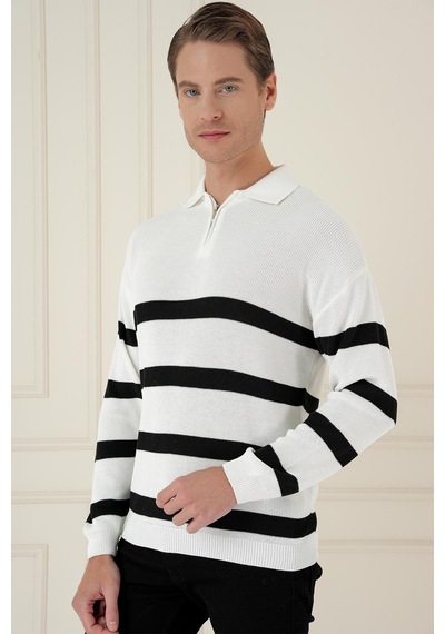 Efor Slim Fit Çizgili Fermuarlı Polo Yaka Ekru Triko Kazak Tr 877 Ekru