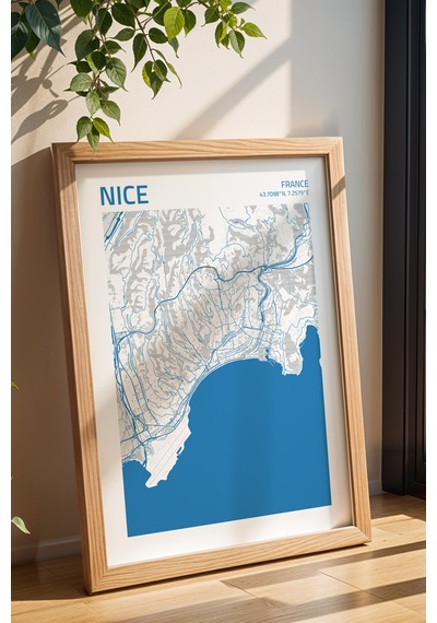 Nice Fransa France Haritası Çerçeveli Tablo Lüks Salon Ofis Duvar Dekorasyonu Hediyelik Tablo Kayın