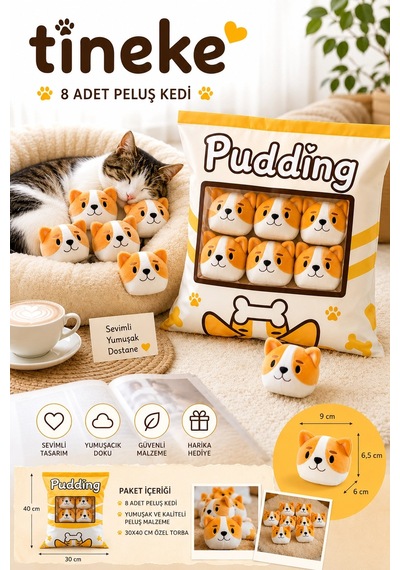 Tineke 8 Li Peluş Kedi Yastığı Seti Minik Yumuşak Kedi Oyuncağı Ve Uyku Arkadaşı Sarı