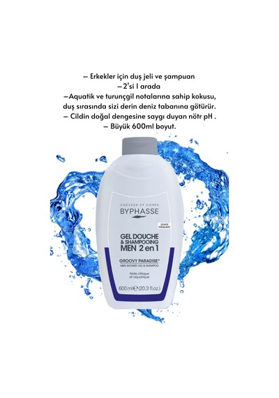 Byphasse Erkekler İçin 2 İn 1 Duş Jeli & Şampuan Grovy Paradise For Men 600 ML