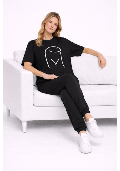 Sevgili Kombini Çift Tişört Oversize Unisex Matching Couple Minim Siyah