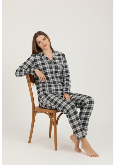 Bravie Luxury Viscose Lacivert Ekose Desenli Kadın Uzun Kollu Büyük Beden Pijama Takımı 42527 Gümüş