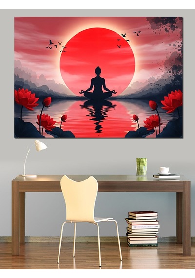 Ahşap Tablo Gün Batımında Meditasyon Yapan Silüet