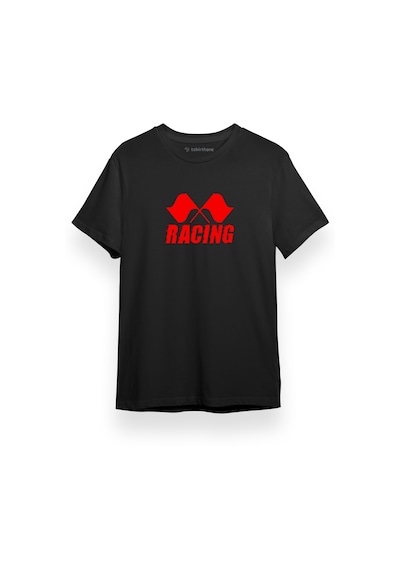 Racing Flag Siyah Kısa Kol Erkek Tshirt 001