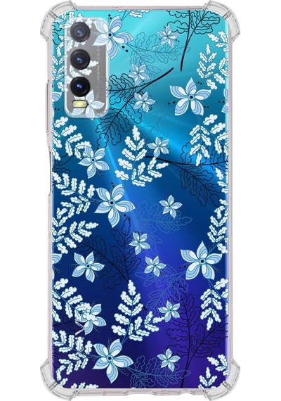 Vivo Y20 Uyumlu Köşe Korumalı Floral Mavi Tasarımlı Şeffaf Silikon Kılıf