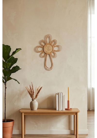 Doğal Rattan Güneş Duvar Dekoru - Bohem Çiçek Model Hasır Duvar Aksesuarı 55x77 Cm Krem