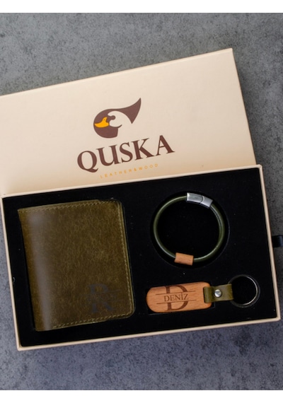 Quska Kişiye Özel İsimli El Yapımı Hakiki Deri Yeşil Cüzdan+anahtarlık+bileklik Set - Grain Fold Yeşil