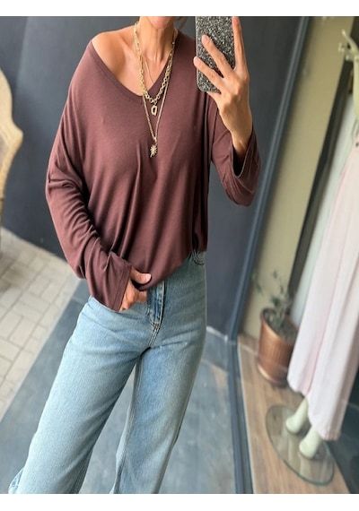 Mirve Butik V Yaka Yumoş Merserize Bluz Kahverengi