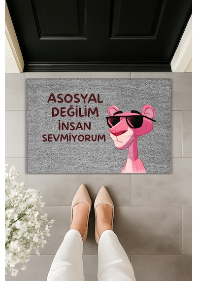 Rugmood Modern Dijital Baskı Paspas - Asosyal Değilim İnsan Sevmiyorum - Kapı Önü Paspası Gri