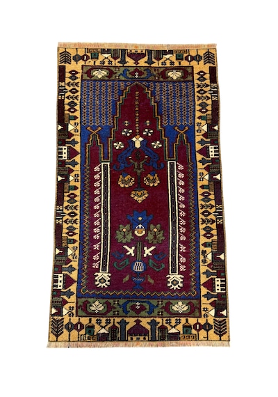 El Dokuma Eskitme Vintage Yahyalı Halısı Seccade 59x104 Kök Boya Yün Küçük Namazlık Renkli
