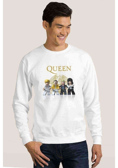 Queen Lego Baskılı Beyaz Erkek Örme Sweatshirt