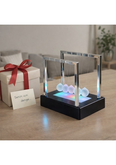 Stres Azaltıcı Ofis Masa Dekoru 5 Toplu Renkli Led Işıklı Newton Denge Topları Dekoratif Hediye