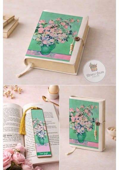 Kitap Kılıfı Ve Metal Kitap Ayracı Seti Van Gogh Pembe Güllü Vazo