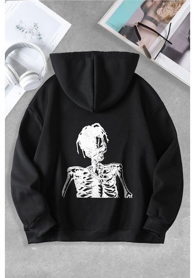Macklin Unisex Kadın Erkek Cactus Jack İskelet Özel Tasarım Baskılı Kapşonlu Sweatshirt Siyah Mck0876 Siyah