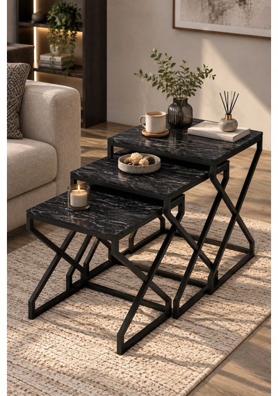 Sulorahome Modern Zigon Sehpa Seti Siyah Desenli Ve Metal Ayaklı Siyah Mermer Desenli