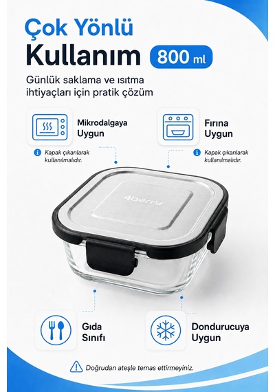 800 Ml Kilitli Cam Saklama Kabı İnoks Kapaklı Yemek Ve Kahvaltılık Kabı Şeffaf