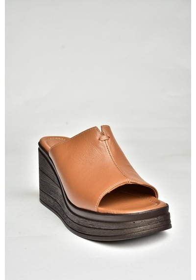 Fox Shoes P555961203 Taba Hakiki Deri Dolgu Topuklu Kadın Terlik Taba-hakiki Deri Taba