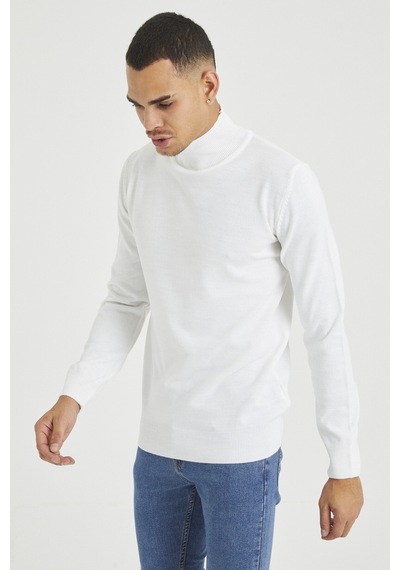 Cool Tarz Beyaz Erkek Slim Fit Yarım Balıkçı Yaka Akrilik-pamuk Karışımlı Basic Triko Kazak Beyaz Beyaz