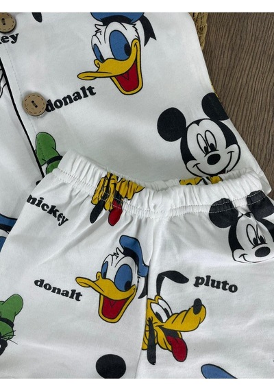Kruvaze Yaka Önden Düğmeli Rahat Kalıp Yazlık Erkek Bebek Pijama Takımı %100 Pamuk 4bb2 Beyaz