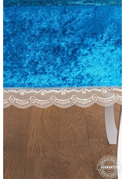 Pera Lüx Dantelli Kadife Kumaş Turkuaz Masa Örtüsü 160x220 Cm - 1421 Çok Renkli