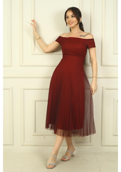 By Saygı Madonna Yaka Astarlı Eteği Şifon Pilisoley Elbise-40139 Bordo