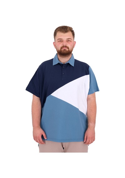 Mode Xl Büyük Beden Erkek T-shirt Polo Yaka Parçalı 25313 İndigo İndigo