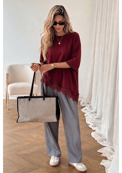 Genius Store Kadın Dantelli Tişört Kahverengi Pamuklu Dantel Detaylı Rahat Kesim Asimetrik Kadın Bluz Dantelli-8989 Bordo