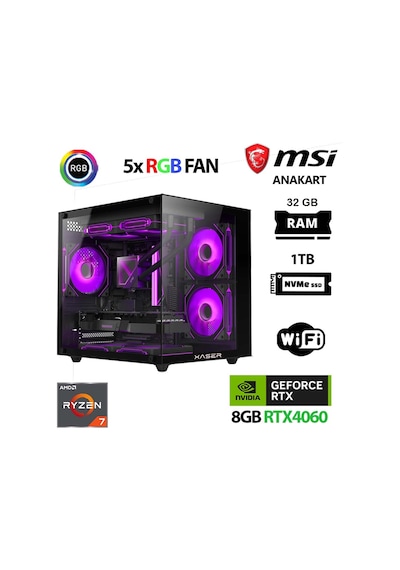 Xaser Cube X50 R7-5700X 32 GB 1 TB M.2 Nvme SSD 8 GB RTX4060 Free Dos Masaüstü Oyuncu Bilgisayarı