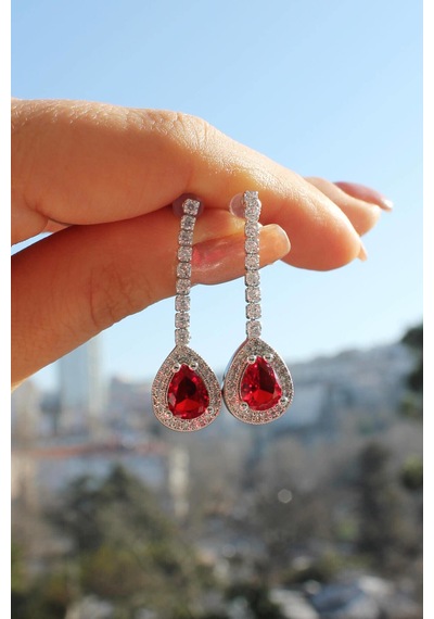 Niki Aksesuar Kırmızı Damla Taşlı Küpe - Diamond Model Kırmızı