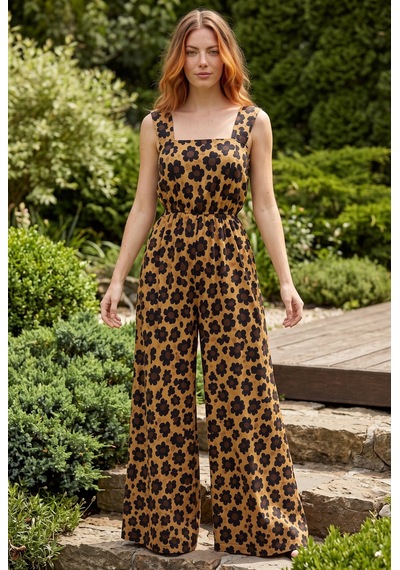 Soulshae Desenli Kare Yaka Geniş Paça Tulum Leopar