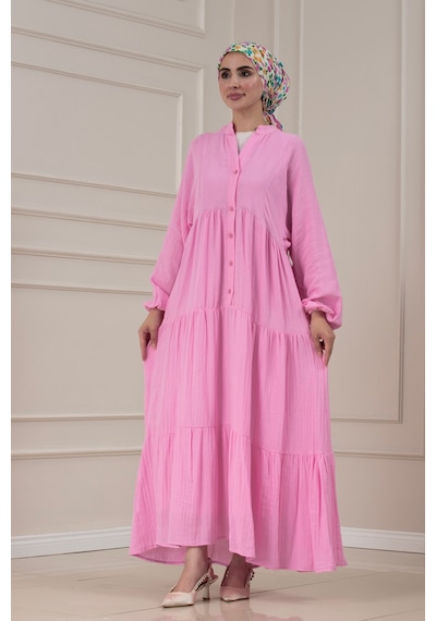 Sevitli Müslin Kumaş Robalı İvana Elbise-pembe-5813