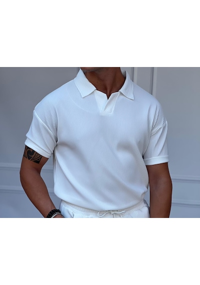 Modefendi Fitil Desen Kesik Yaka Oversıze T-shirt Beyaz