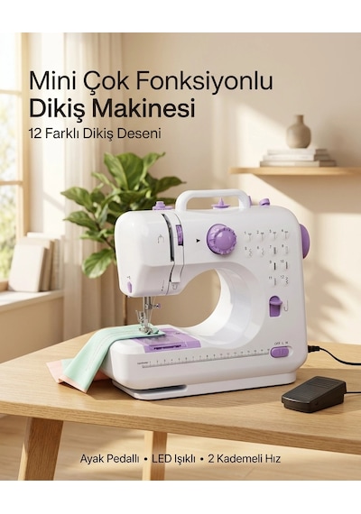 Çok Fonksiyonlu Mini Dikiş Makinesi 12 Dikiş Seçenekli 2 Kademeli Hız Ayarlı Çok Renkli