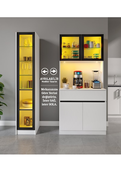 Moon Midi Sol Vitrinli Kahve Köşesi Komple Mdf Led Mutfak Dolabı Beyaz