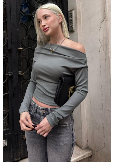 Madmext Haki Kadın Off Shoulder Uzun Kollu Bluz Mg2567 Haki