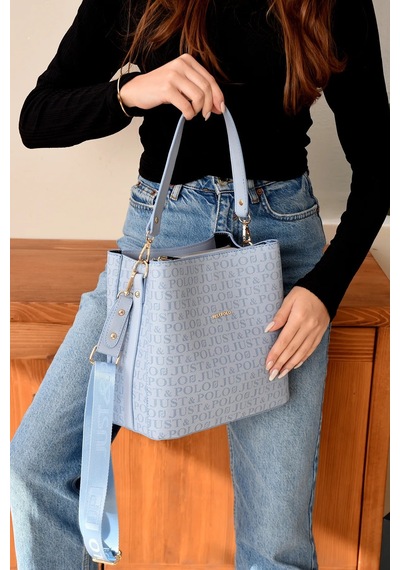 Just Polo Kadın Monogram Baskılı El Ve Omuz Çantası Ebat 25 X 25 Mavi