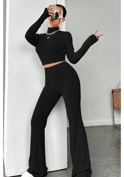 Angbutik Kadın Siyah Boğazlı Crop Top Ve Yüksek Bel Eşofman Takımı Spor Şık Kombin