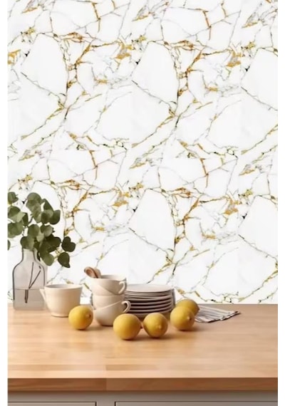 120cm X 3 Metre Tek Parça Yapışkanlı Rulo Mermer Desenli Duvar Paneli Kağıdı Silinebilir Ls-6010-böte Altın