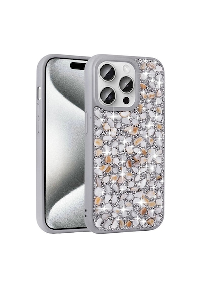 Apple iPhone Uyumlu 15 Pro Kılıf Parlak Taşlı Tasarım Zore Linea Diamond Kapak Gümüş