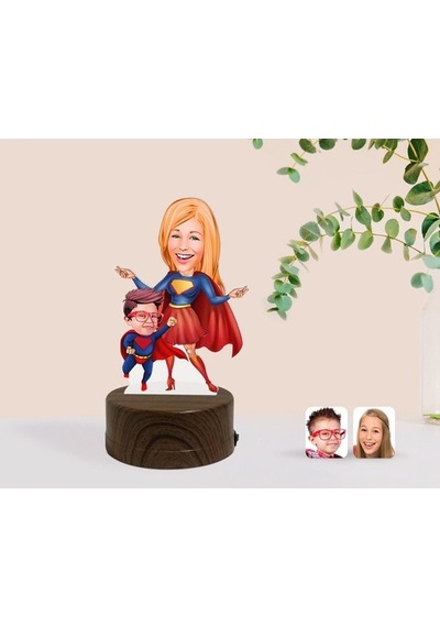 Kişiye Özel Süper Anne Ve Çocuk Karikatürlü Dekoratif 3D Biblo Le