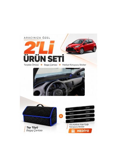 E-biz Toyota Yaris 2014-2019 Uyumlu Torpido Örtüsü + Tay Tüyü Bagaj Çantası - Siyah-mavi - To026