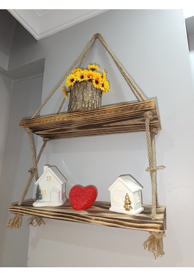 Brothers Craft Halatlı Ahşap Duvar Rafı 2 Katlı Rustik Dekoratif Raf, El Yapımı Jüt İpli Çam Raf Naturel Ahşap