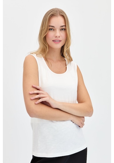 Kadın Sıfır Yaka Flamlı Kumaş Basic Askılı Tshirt Ekru Ekru
