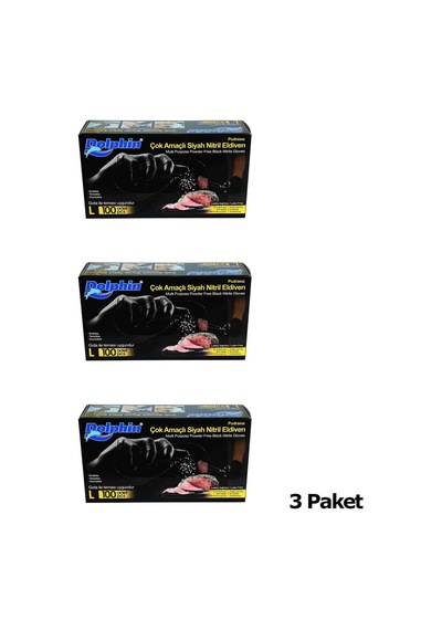 Dolphin Tek Kullanımlık Lateks Siyah Pudrasız Nitril Muayne Eldiveni Large Büyük Boy - 100'lü 3paket