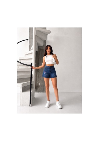 Kene Jeans Bacak Nakışlı Laci İşlemli Kısa Kot Şort Lacivert