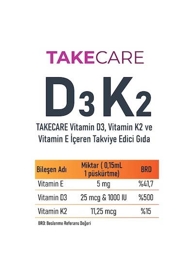 Takecare Vitamin D3 K2 İçeren Takviye Edici Gıda 20 ML