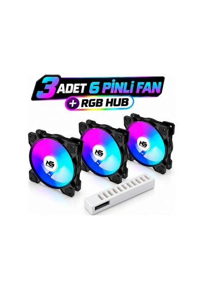 Next Gaming Orion 3 Adet Forward Düz Rgb 6 Pin 120mm Siyah Fan + Rgb Hub Set